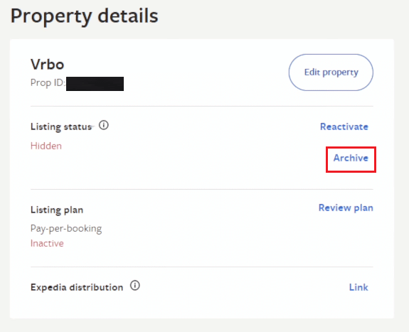 قم بتحديث صفحة الويب وانقر فوق خيار الأرشفة | خدمة عملاء VRBO