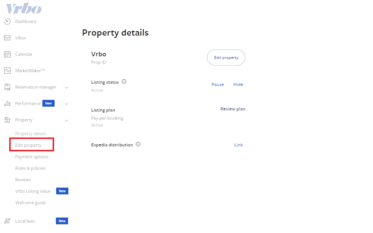 faceți clic pe Editare proprietate | Serviciu clienți VRBO