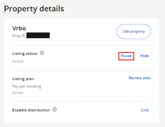 Cliquez sur l'option Pause à côté de la section Statut de l'annonce | Service client VRBO