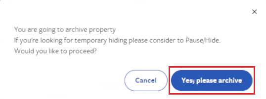 En la ventana emergente de confirmación, haga clic en Sí, archivar | Cómo eliminar una cuenta VRBO