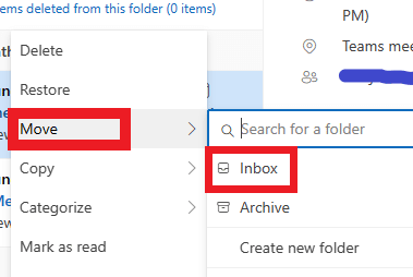 然後，右鍵單擊它並選擇移動，然後選擇收件箱將其移回您的收件箱。