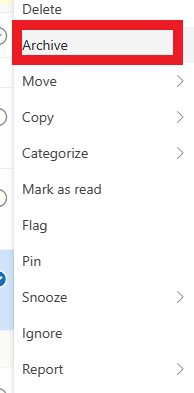 الآن ، انقر بزر الماوس الأيمن على رسائل البريد الإلكتروني المحددة واختر الأرشفة من قائمة السياق.