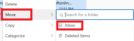 faceți clic dreapta pe el și selectați Mutare și apoi Inbox pentru a o muta înapoi în inbox. | Cum se arhivează în Outlook 365