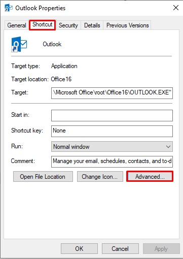 cliquez sur l'option Avancé... Correction du bouton de signature ne fonctionnant pas dans Outlook