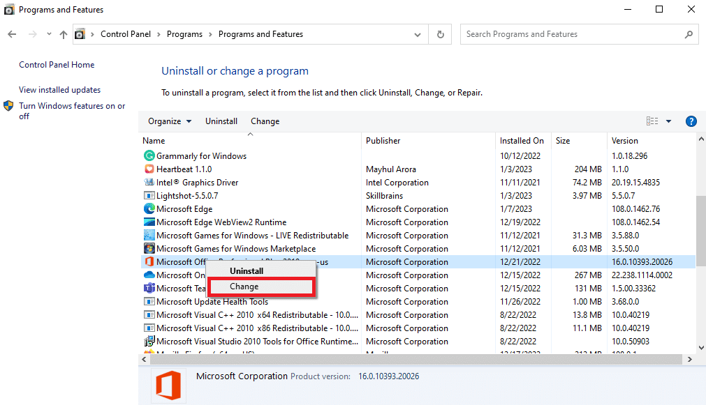 Localice el programa de Microsoft Office y luego haga clic en Cambiar. Arreglar el botón de firma que no funciona en Outlook