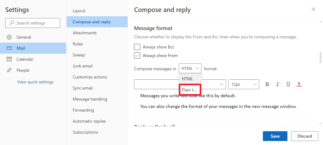 Componi il messaggio e seleziona Testo normale. Correggi il pulsante della firma che non funziona in Outlook