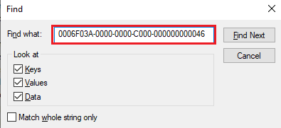 Tekan Ctrl + F untuk meluncurkan jendela Temukan dan masukkan kunci berikut di kotak pencarian 0006F03A-0000-0000-C000-000000000046