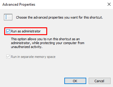 Centang kotak untuk Jalankan sebagai administrator