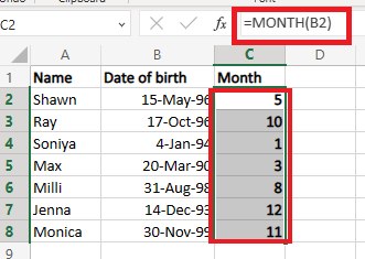 Trascina la maniglia di riempimento automatico su altre celle per applicare la formula per ottenere il valore del mese dalle date per ottenere il valore per ogni cella.