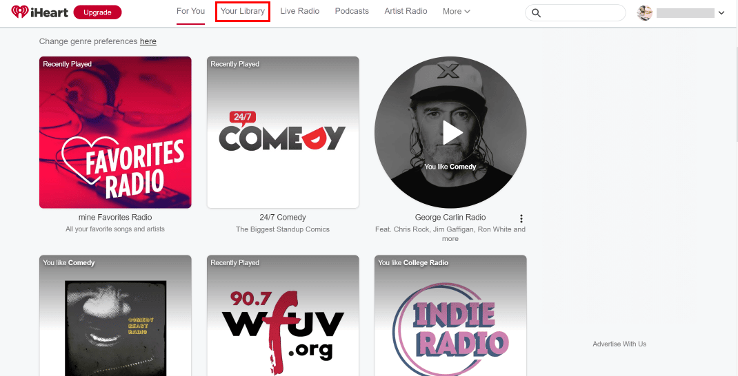 Kliknij opcję Twoja biblioteka. | Jak usunąć konto iHeartRadio