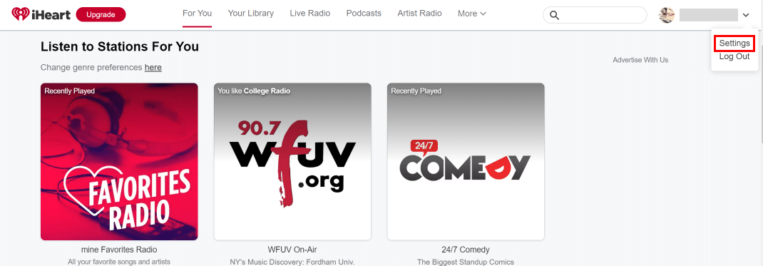 로그인한 후 프로필 아이콘의 화살표를 가리키고 설정을 클릭합니다. | iHeartRadio 계정을 삭제하는 방법