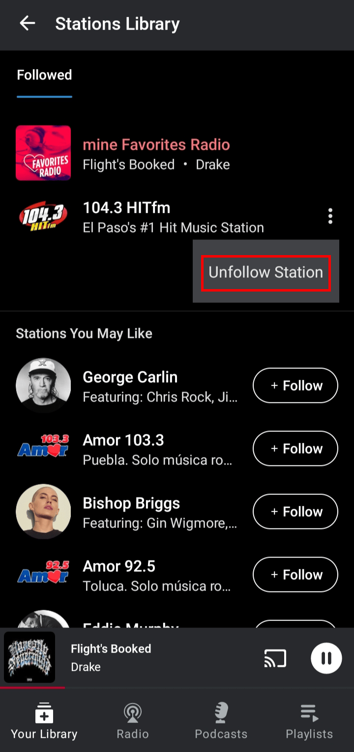 Unfollow Station을 탭하여 목록에서 제거하십시오.