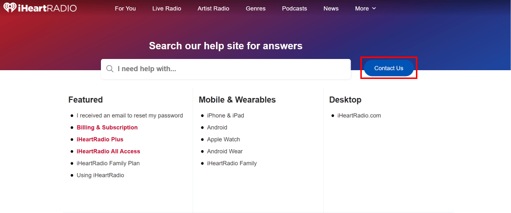 ในหน้าความช่วยเหลือ คลิกที่ปุ่มติดต่อเรา | เบอร์ติดต่อ iHeartRadio