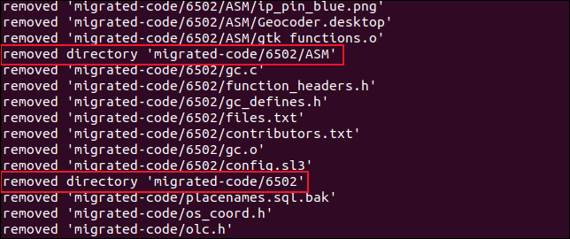 L'output dei flag -rfv che mostra i file che vengono eliminati e le directory che vengono eliminate una volta che sono vuote