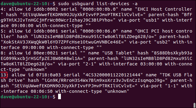 Obtendo o número de ID de um dispositivo USB usando o comando list-devices