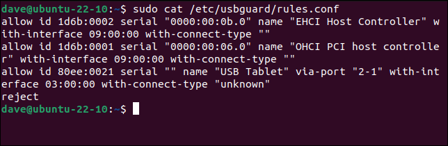 ใช้ cat เพื่อแสดงรายการกฎที่สร้างขึ้นโดยอัตโนมัติใน /etc/usbguard/rules.conf