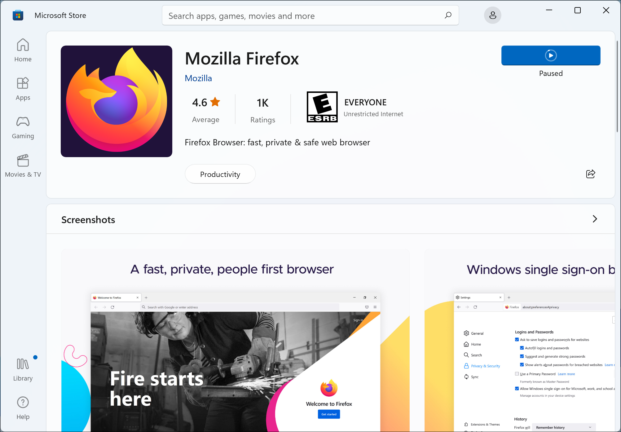 Microsoft Store 中的 Mozilla Firefox