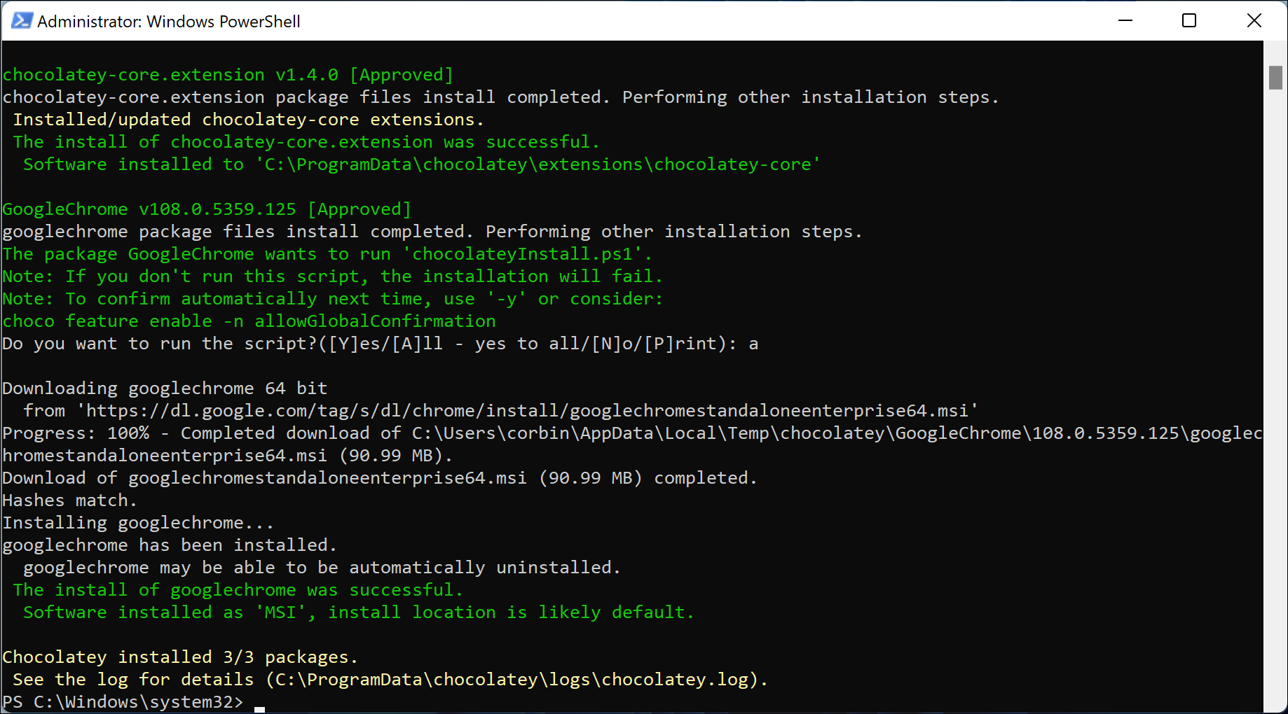 ภาพ PowerShell ของ Chocolatey กำลังทำงานอยู่