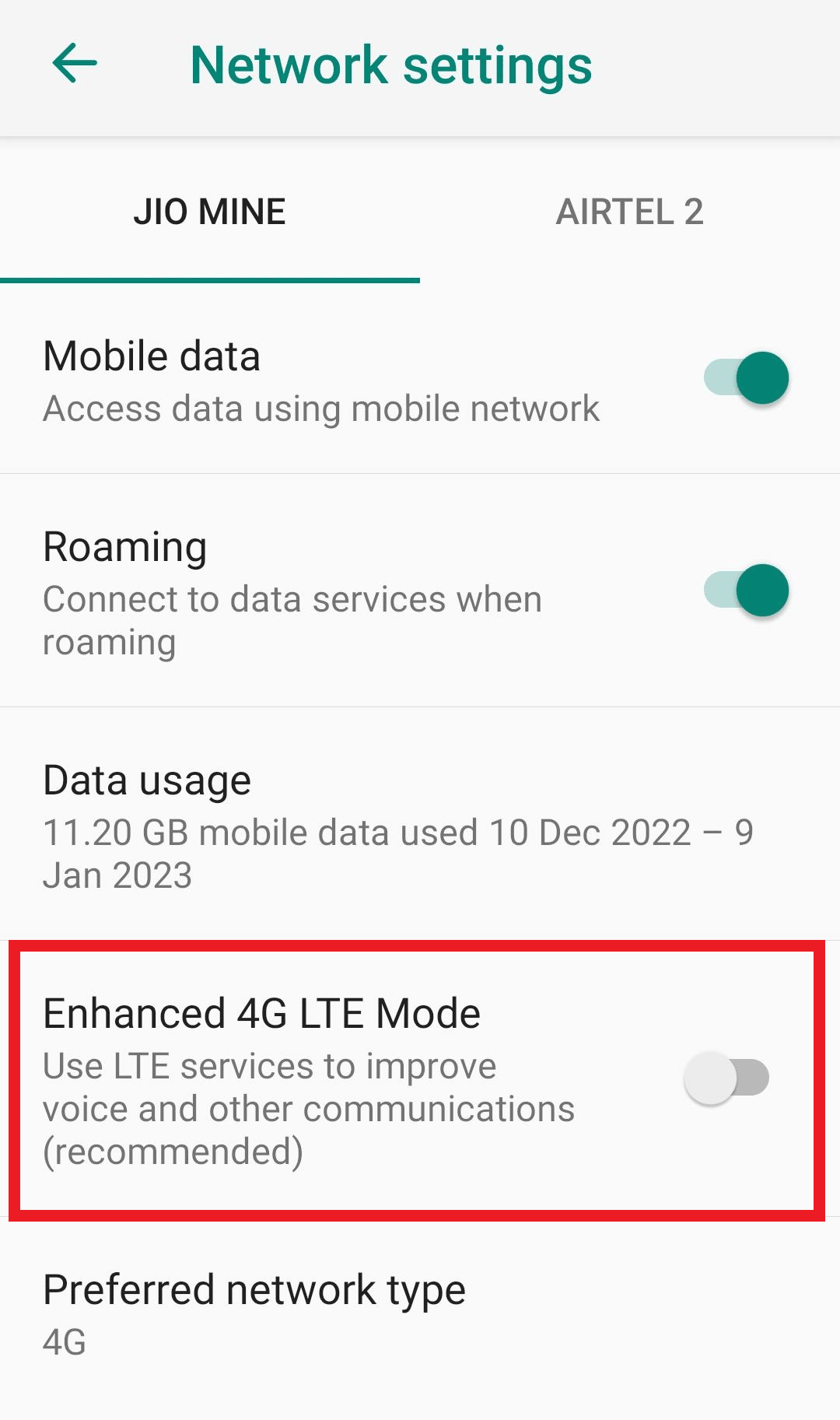 desative o modo 4g lte aprimorado