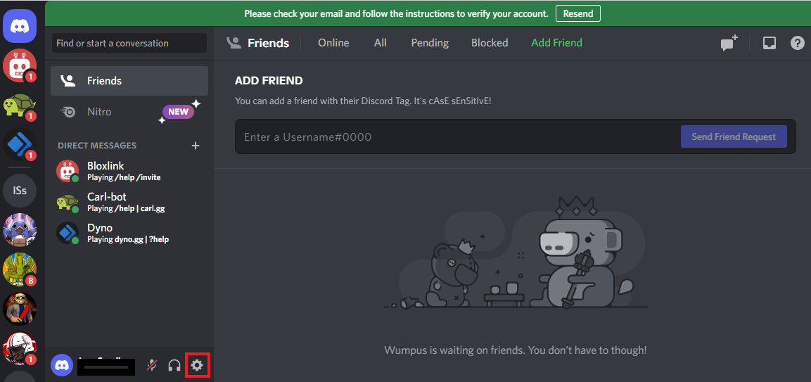 設定アイコンをクリックします。 Discord Friend Request Failed エラーを修正する 5 つの方法