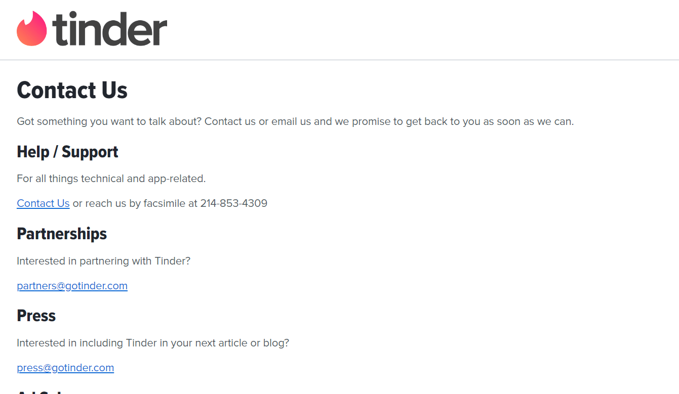 Página de suporte do Tinder