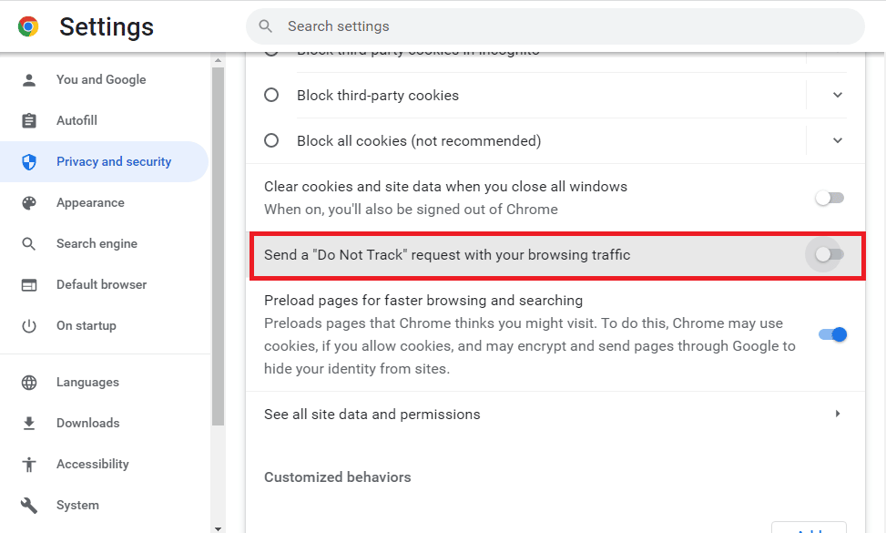 Desactive Enviar una solicitud de No rastrear con su configuración de tráfico de navegación