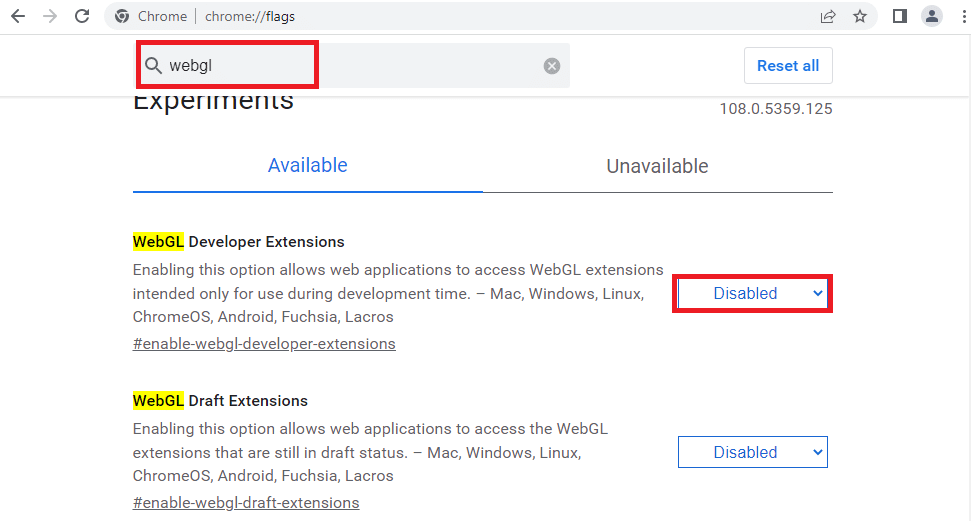 Use la barra de búsqueda para buscar WebGL y establezca todas las banderas en la opción Deshabilitado