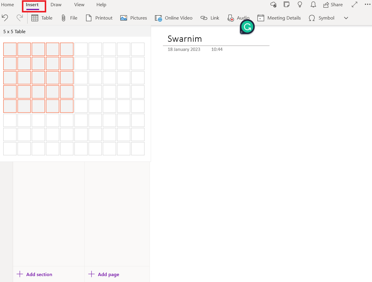 se desideri aggiungere una tabella vai su Inserisci e aggiungi una tabella 5*5. Come creare e utilizzare modelli in OneNote