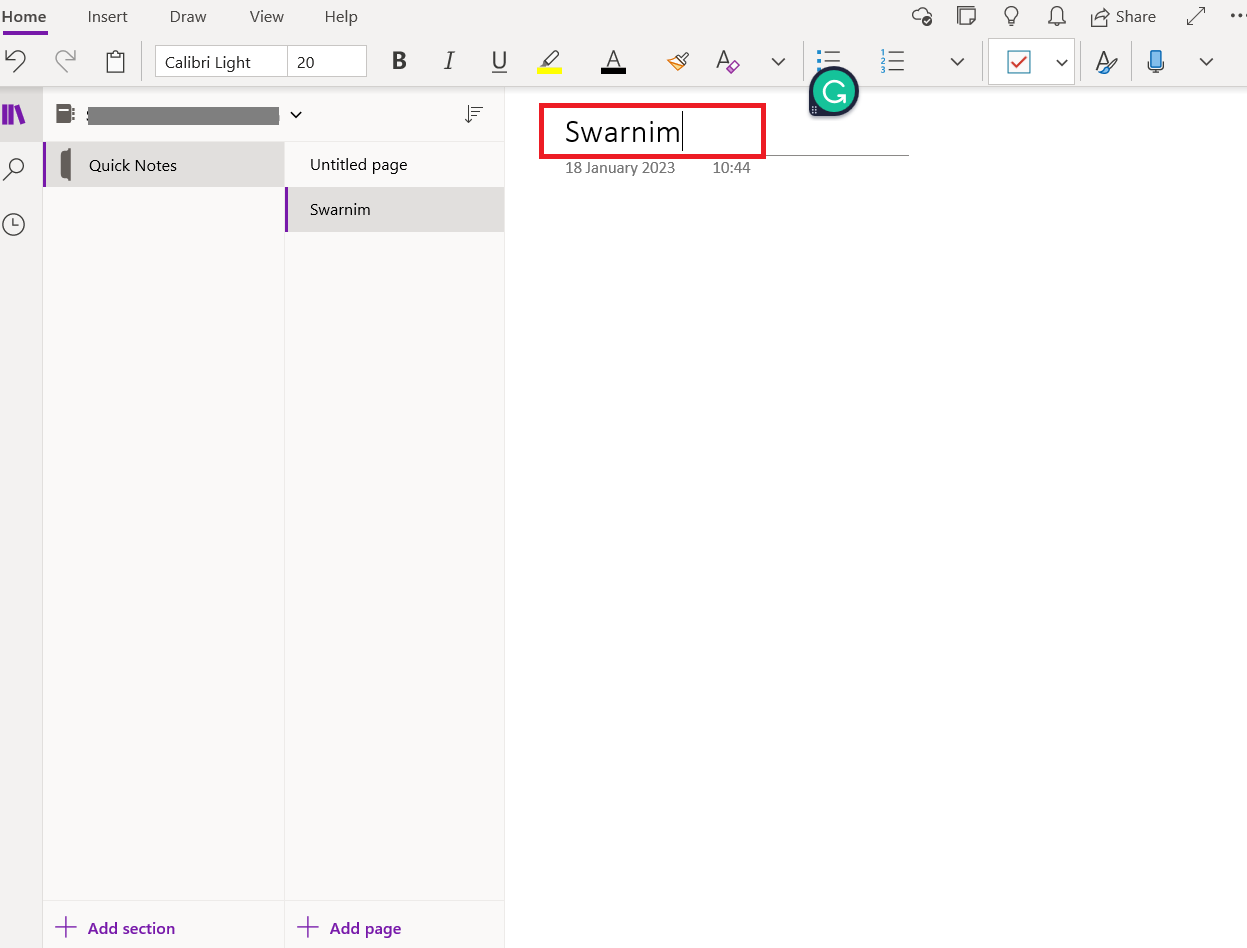 dê à página do OneNote um nome significativo e comece a fazer alterações