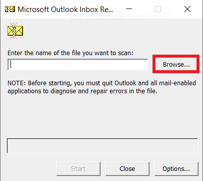 selezionare l'opzione Sfoglia per individuare il file che si desidera scansionare. Correggi il completamento automatico di Outlook che non funziona correttamente