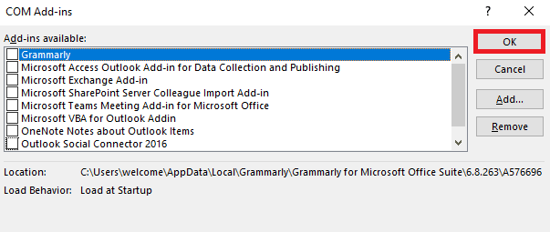 tüm Eklentilerin işaretini kaldırın ve ardından Tamam'a tıklayın. Outlook Otomatik Tamamlamanın Düzgün Çalışmamasını Düzeltme