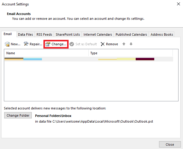 faceți clic pe Modificare. Remediați completarea automată a Outlook care nu funcționează corect