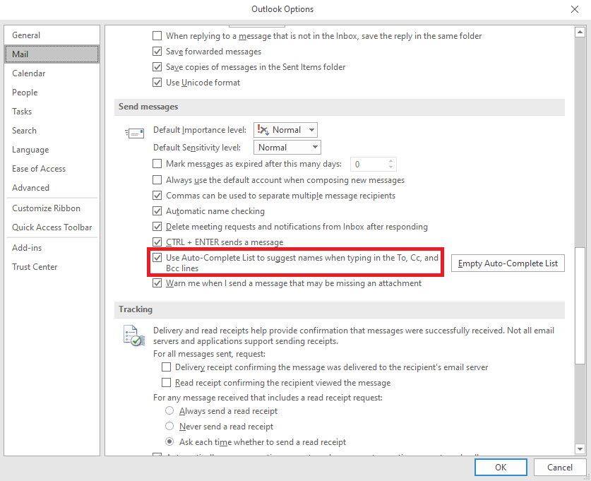 ทำเครื่องหมายที่ Use Auto-Complete List เพื่อแนะนำชื่อเมื่อพิมพ์บรรทัด To, Cc และ Bcc