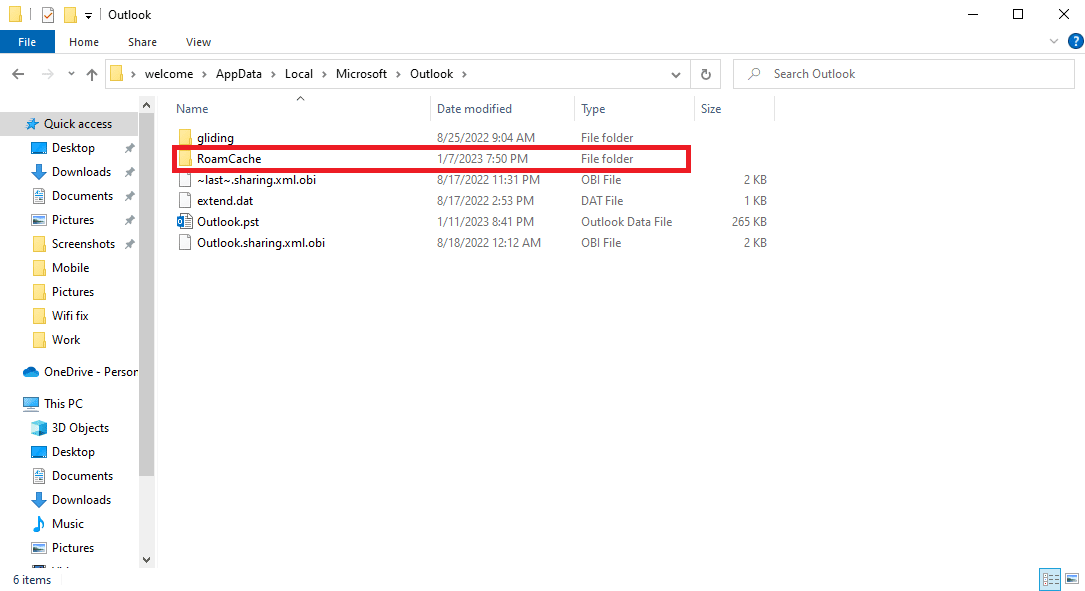 RoamCache フォルダーを見つけます。 Outlookのオートコンプリートが正しく機能しない問題を修正