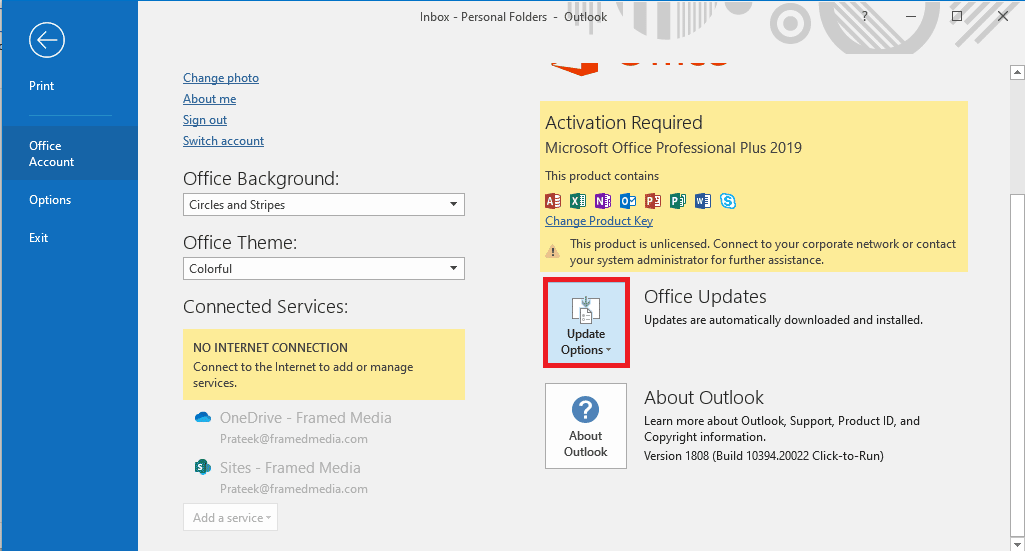 faceți clic pe meniul drop-down Opțiuni de actualizare. Remediați completarea automată a Outlook care nu funcționează corect