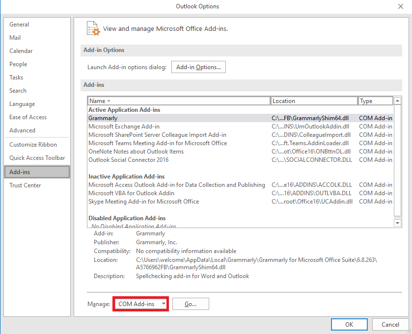 temukan Kelola drop-down dan pilih COM Add-in. Perbaiki Outlook AutoComplete Tidak Berfungsi dengan Benar