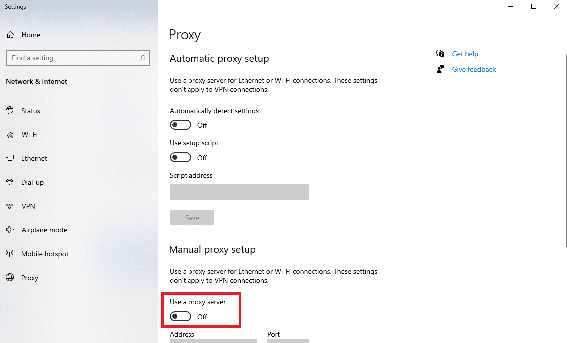 Disattiva l'interruttore Usa un server proxy