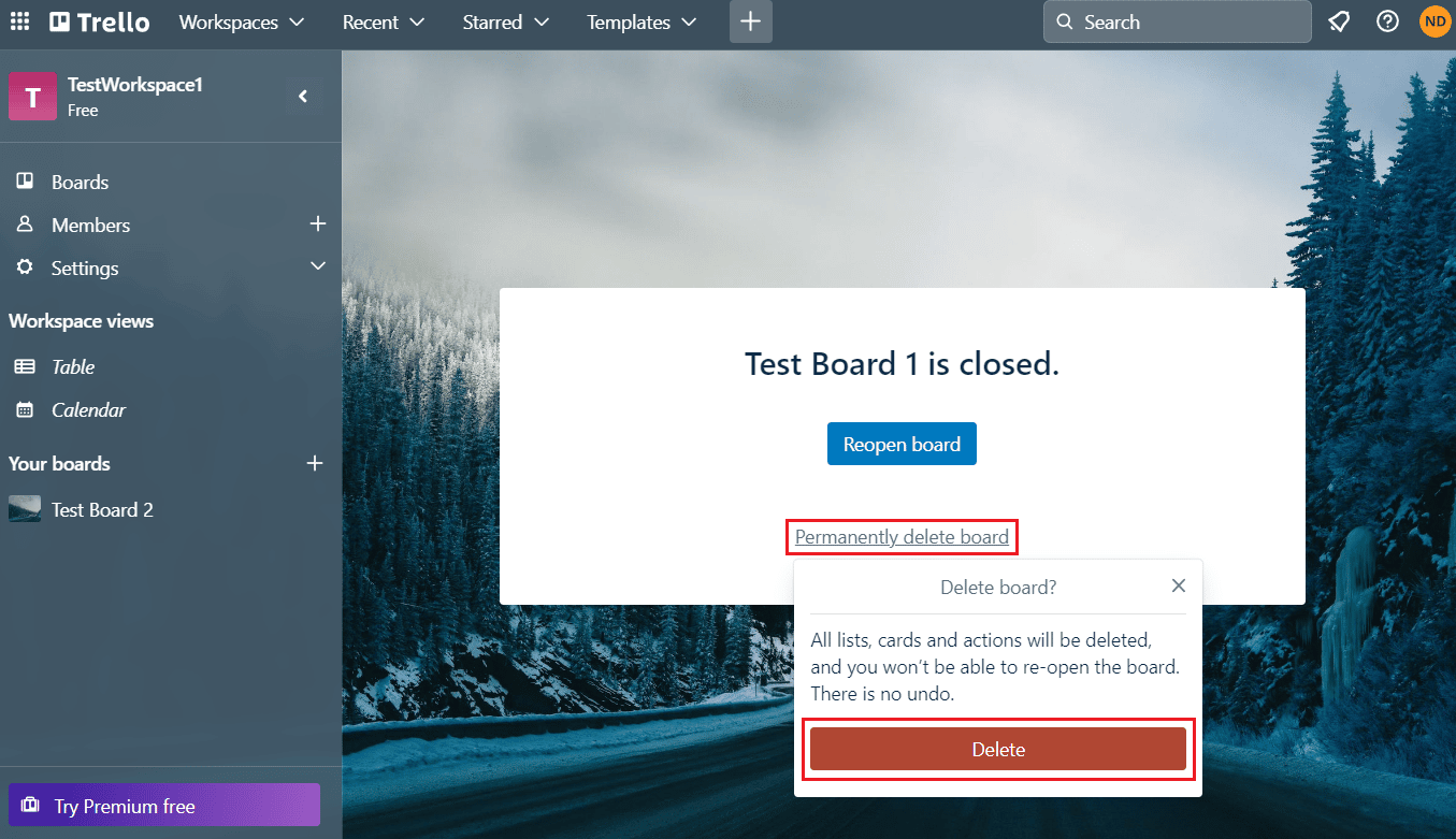 haga clic en Eliminar tablero permanentemente - Eliminar
