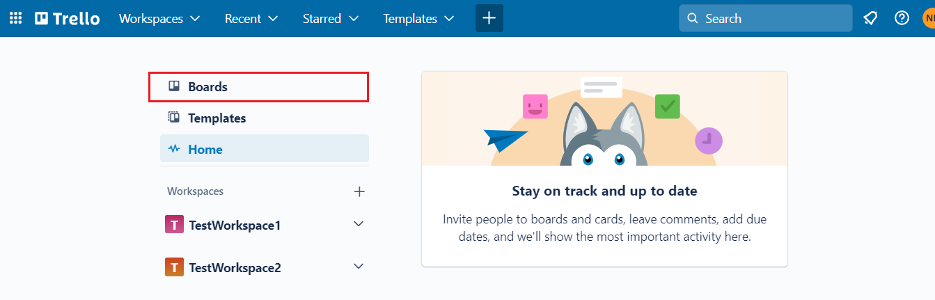 Trello のホームページで、左上のペインから [ボード] オプションをクリックします。