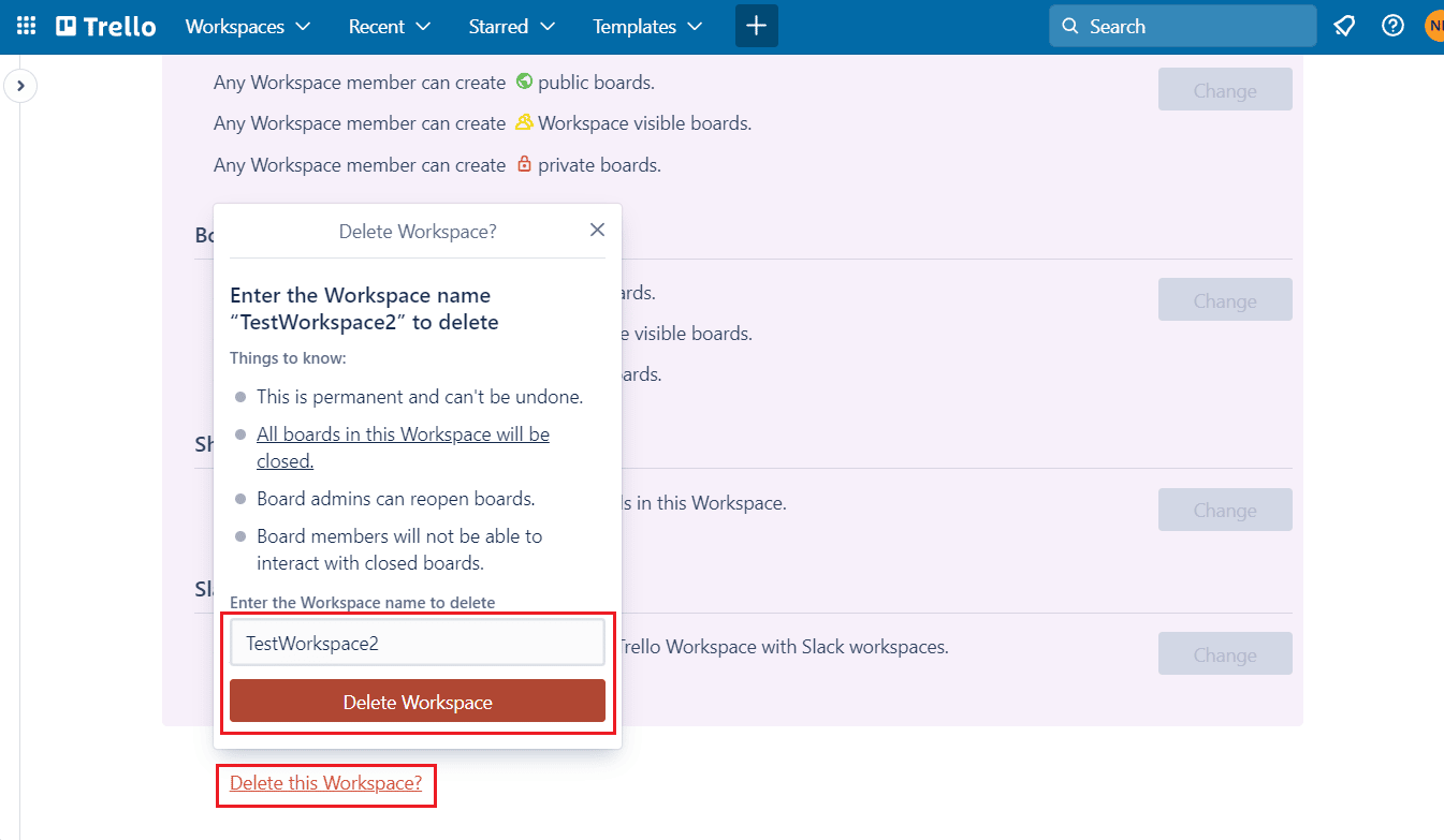 Supprimer cet espace de travail - nom de l'espace de travail - Supprimer l'espace de travail | Pouvez-vous supprimer le tableau Trello ?