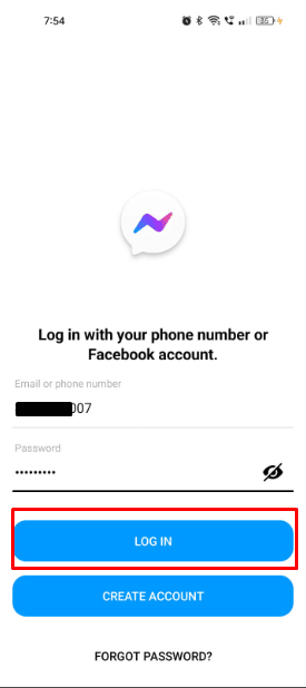 Faça login na sua conta do Messenger usando seu número de telefone e a senha recém-criada.