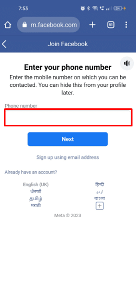 Entrez votre numéro de téléphone pour vous inscrire à Messenger et appuyez sur le bouton Suivant.