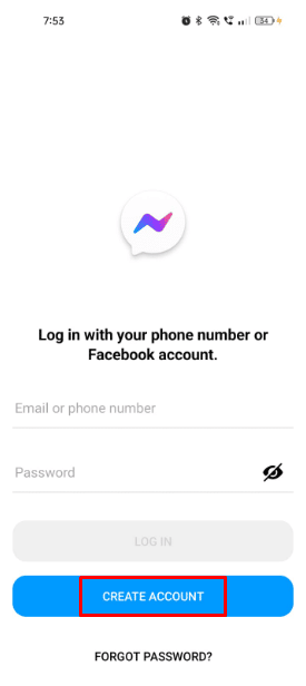 Uruchom aplikację Messenger na smartfonie z systemem Android lub iOS. A następnie dotknij opcji Utwórz konto tuż pod przyciskiem logowania.