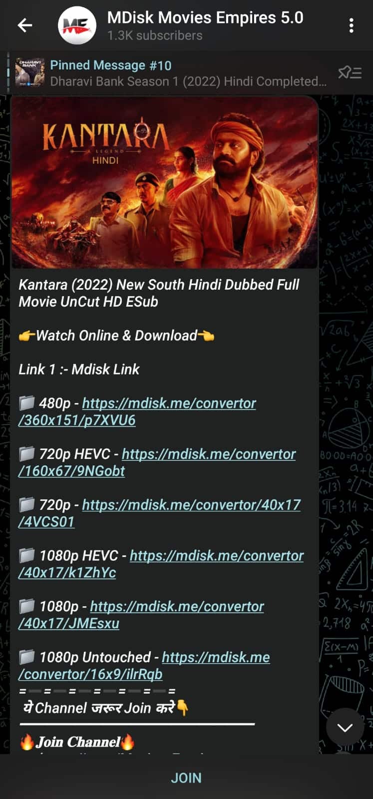 Página de Telegram de MDisk Movies Empire 5.0 con la película Kantara the legend