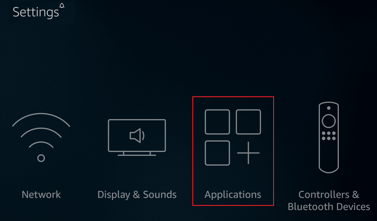 Seleccione Configuración y luego Aplicaciones. Solucionar el error UVP 1011 de Firestick CBS