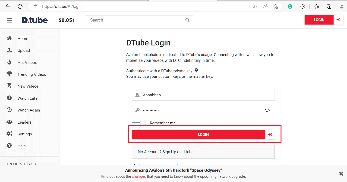 dtube の LOGIN オプションをクリックします