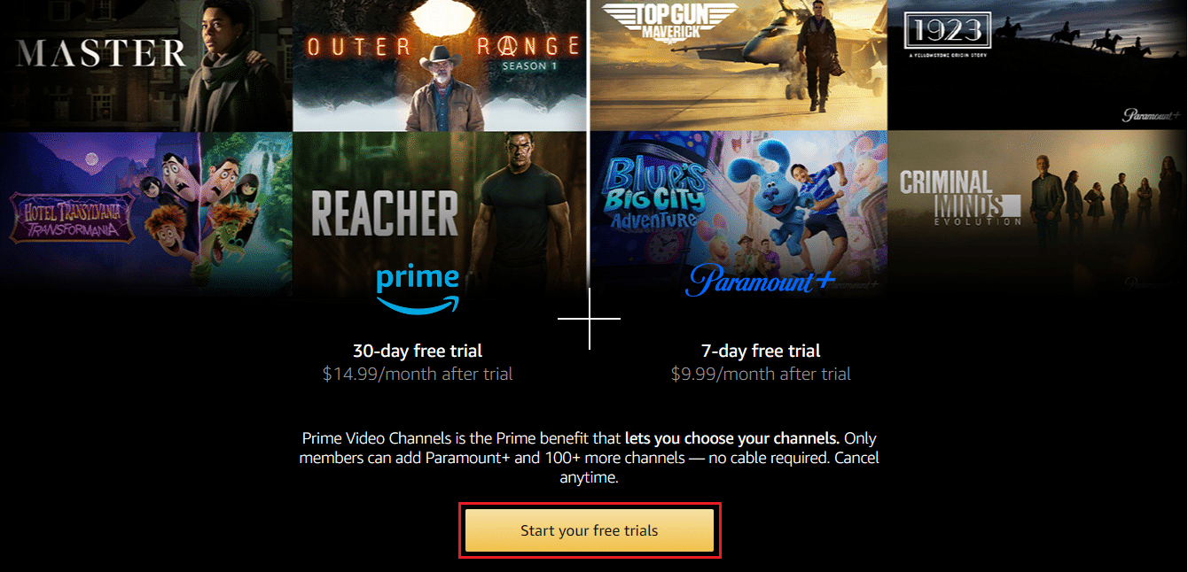 pilih Mulai opsi uji coba gratis Anda di video utama Paramount plus Amazon