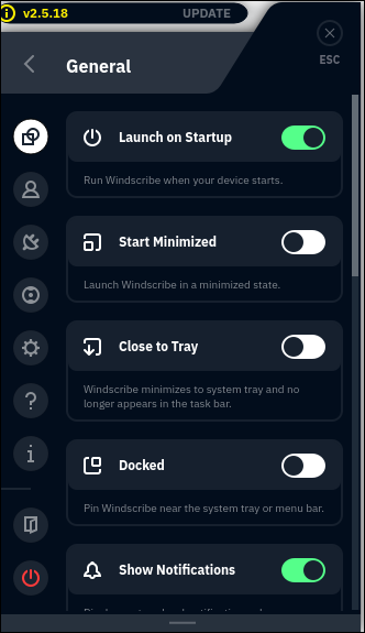 Configurações do Windscribe