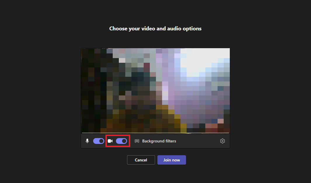 Di opsi Pilih video dan audio Anda, aktifkan video | mengubah latar belakang untuk rapat Teams