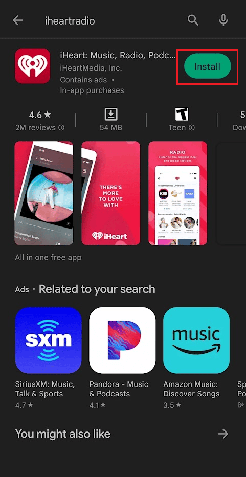 Appuyez sur l'option Installer pour l'application iHeartRadio | Abonnement familial iHeartRadio